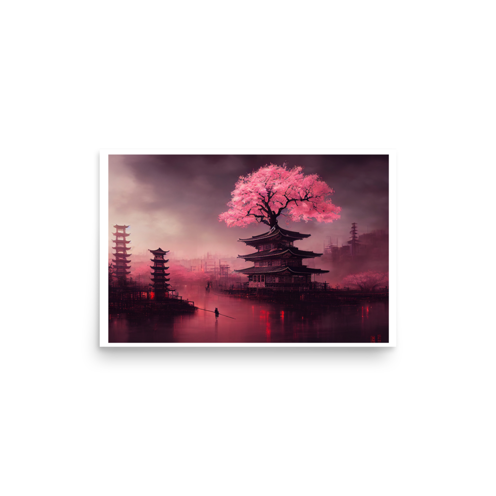 Neon Cherry Blossom Dream | Rural Japanese Cyberpunk Art Poster