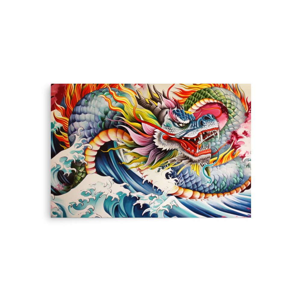 Japanese Dragon & Waves | Traditional Tattoo Style Art Poster