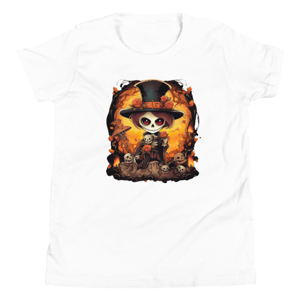 Halloween skull girl in top hat. Youth T-shirt