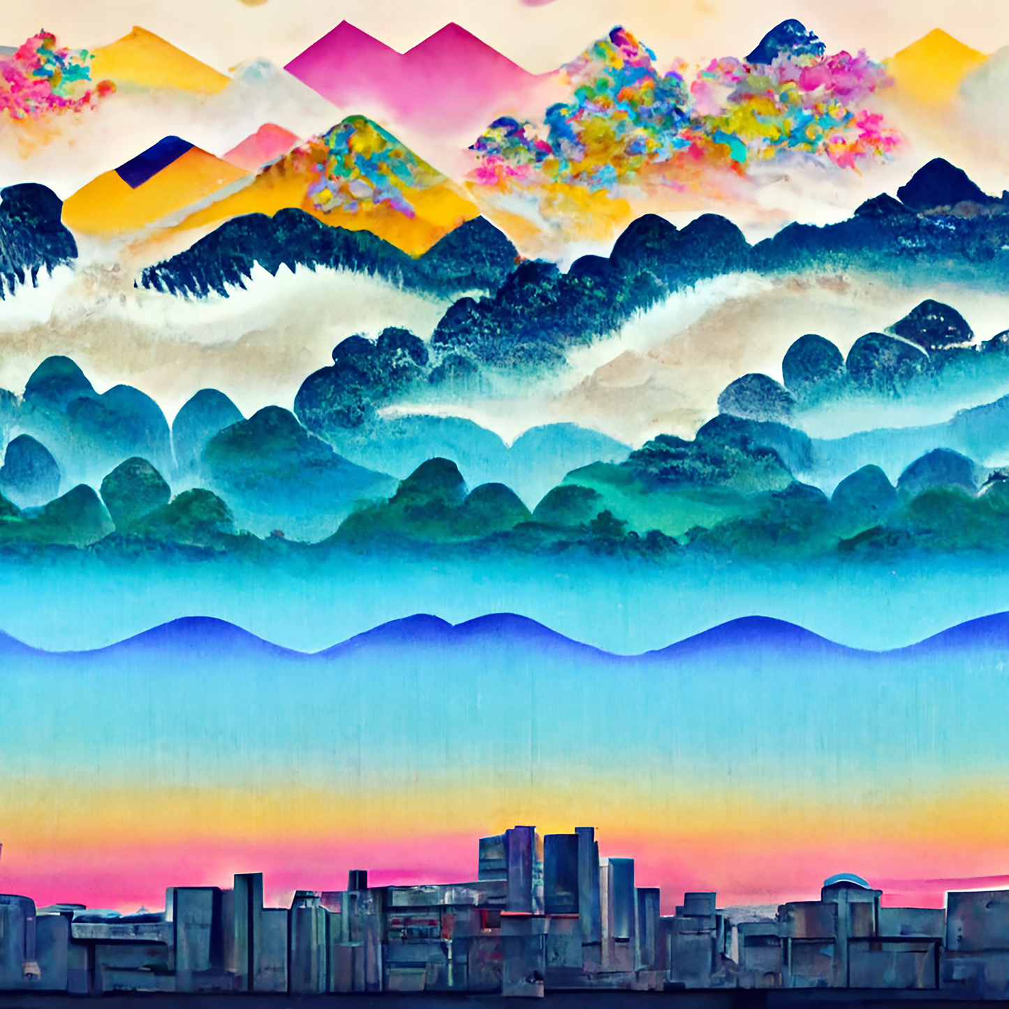 Colorful Japanese Watercolor Cityscape | Digital Art Print