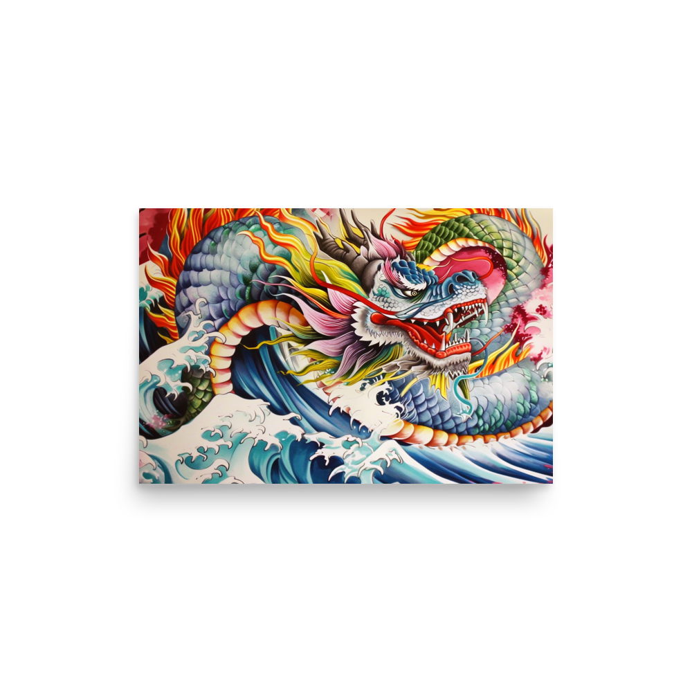 Japanese Dragon & Waves | Traditional Tattoo Style Art Poster
