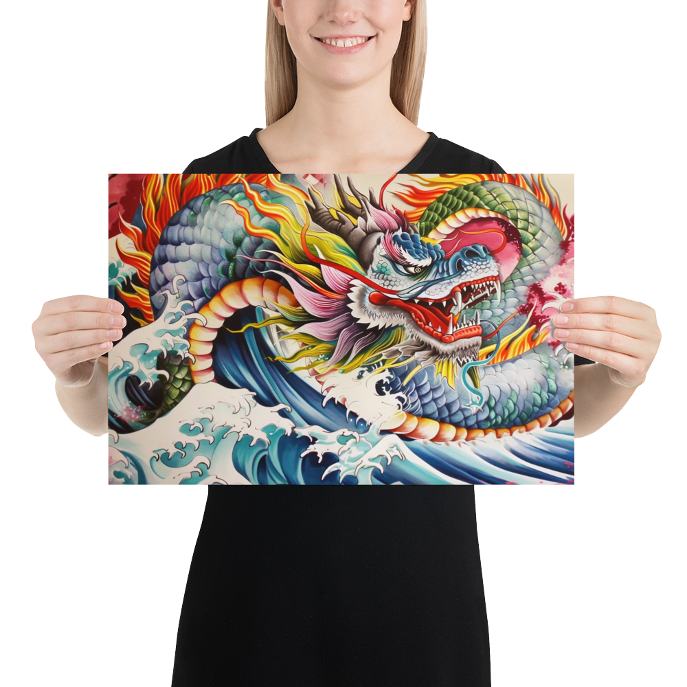 Japanese Dragon & Waves | Traditional Tattoo Style Art Poster