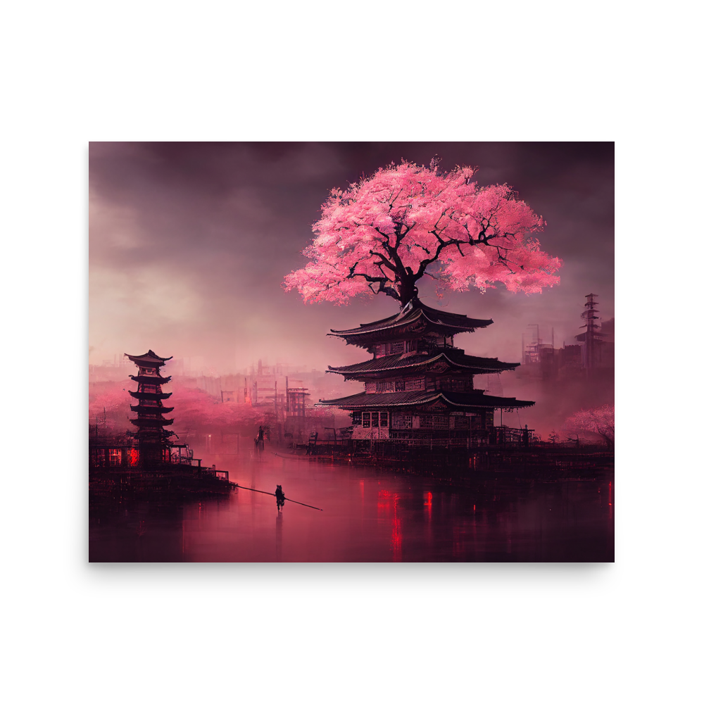 Neon Cherry Blossom Dream | Rural Japanese Cyberpunk Art Poster