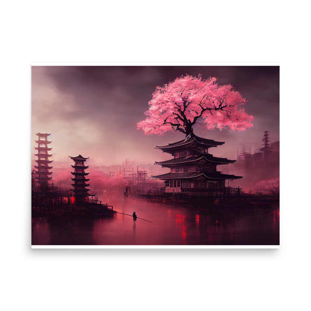 Neon Cherry Blossom Dream | Rural Japanese Cyberpunk Art Poster