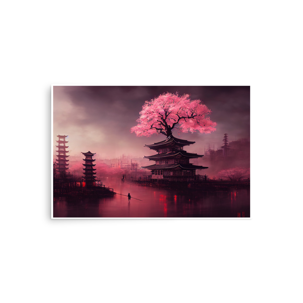 Neon Cherry Blossom Dream | Rural Japanese Cyberpunk Art Poster
