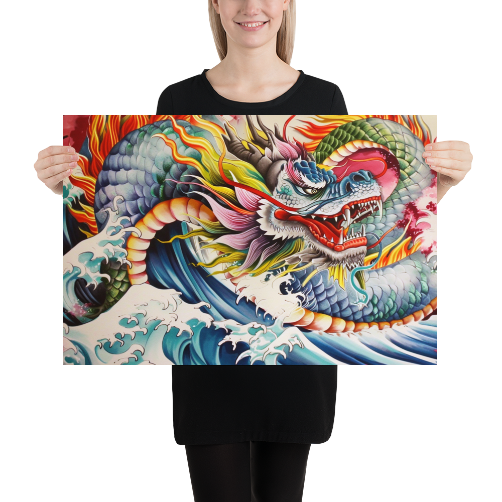 Japanese Dragon & Waves | Traditional Tattoo Style Art Poster