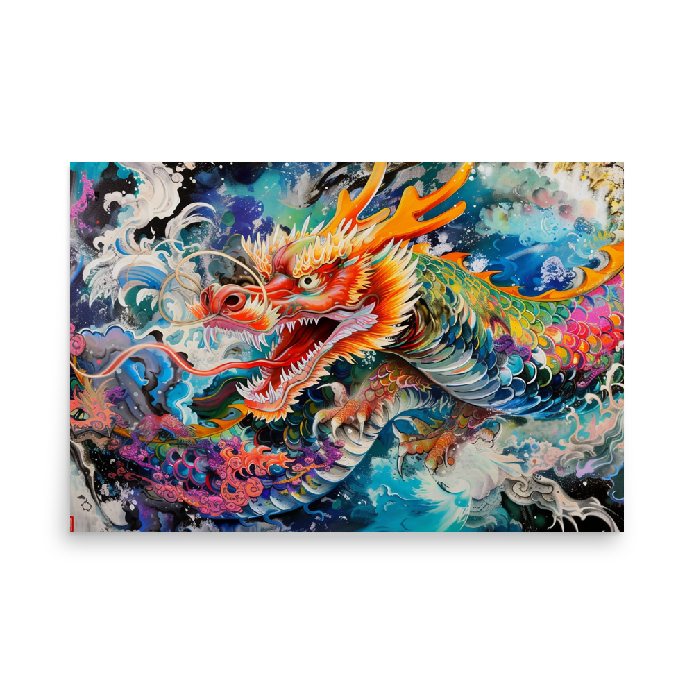 Abstract Japanese Dragon | Color Splash Tattoo Style Art Poster