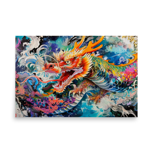 Abstract Japanese Dragon | Color Splash Tattoo Style Art Poster