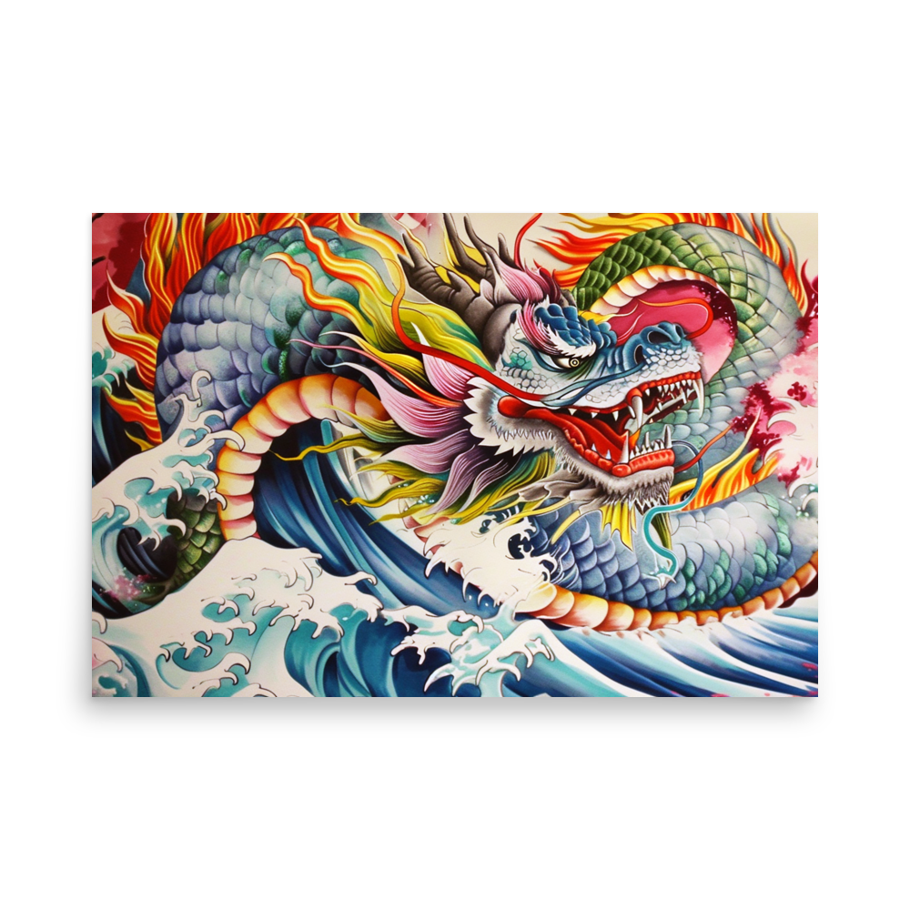 Japanese Dragon & Waves | Traditional Tattoo Style Art Poster