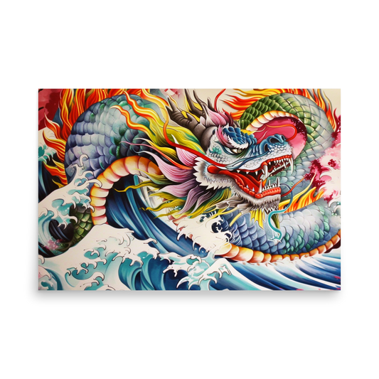 Japanese Dragon & Waves | Traditional Tattoo Style Art Poster