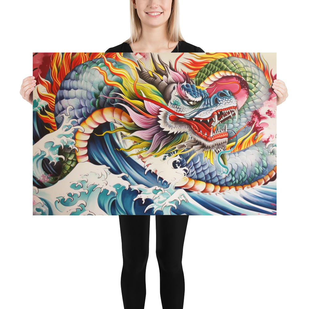Japanese Dragon & Waves | Traditional Tattoo Style Art Poster