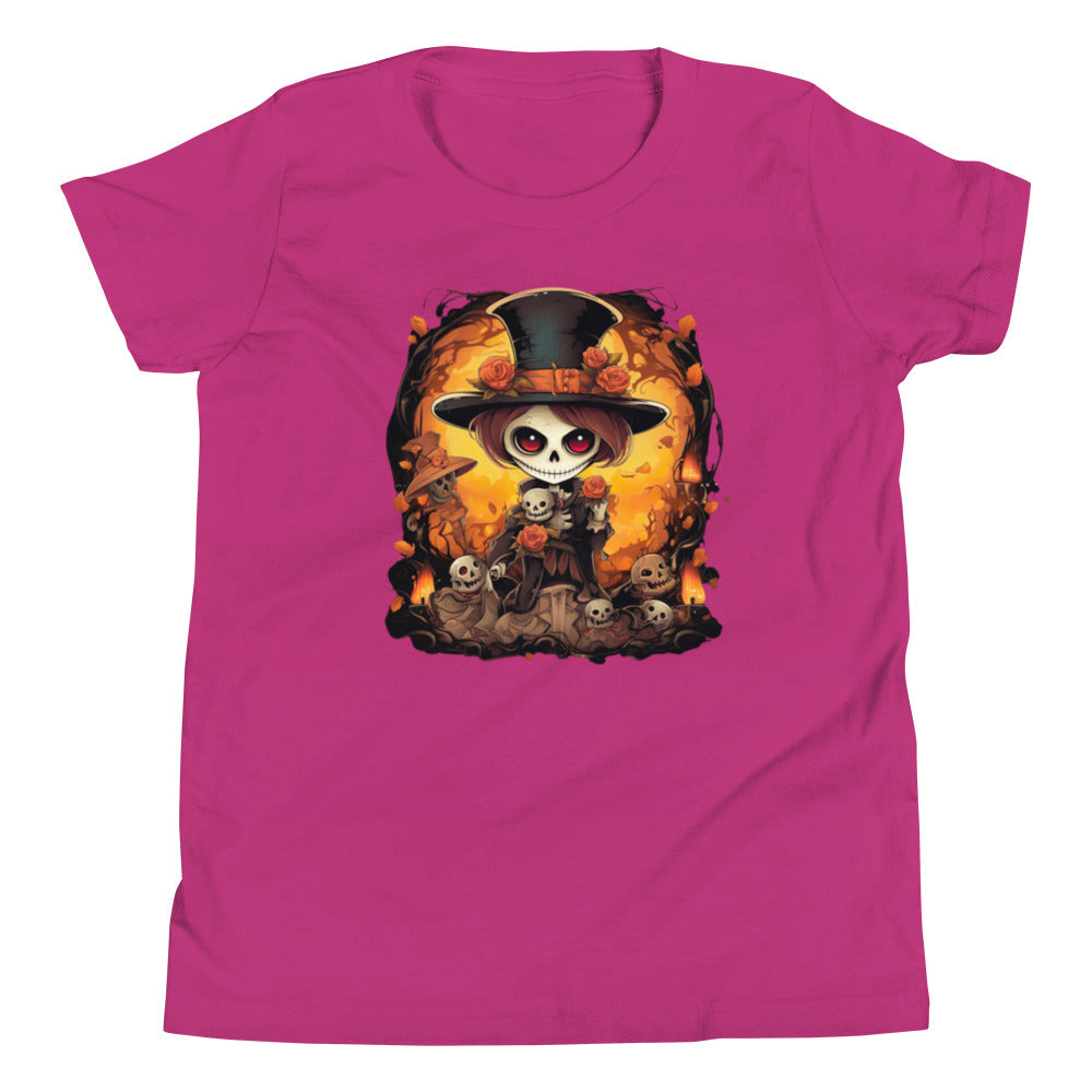 Halloween skull girl in top hat. Youth T-shirt
