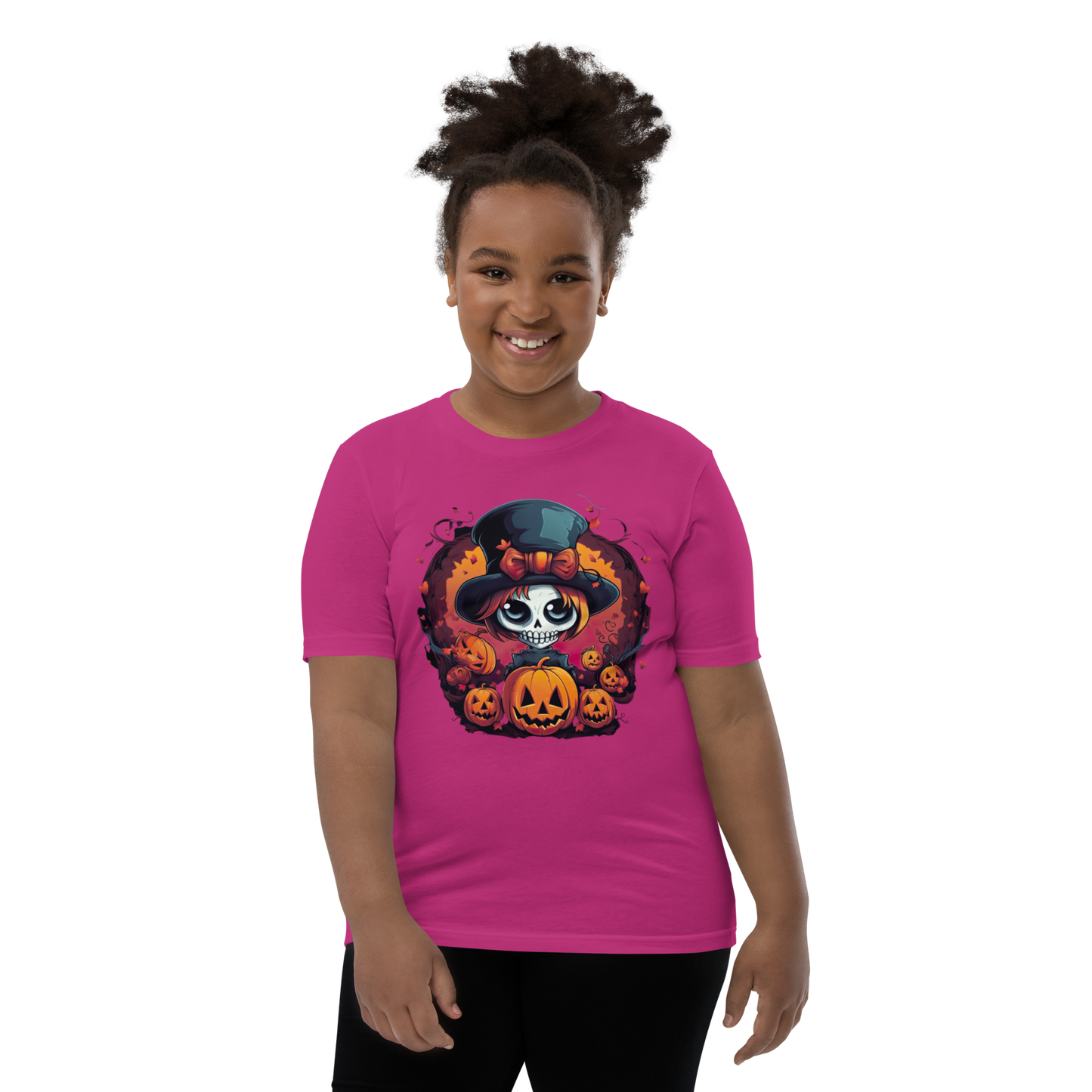 Halloween skull girl in top hat. Youth T-shirt