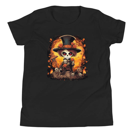 Halloween skull girl in top hat. Youth T-shirt