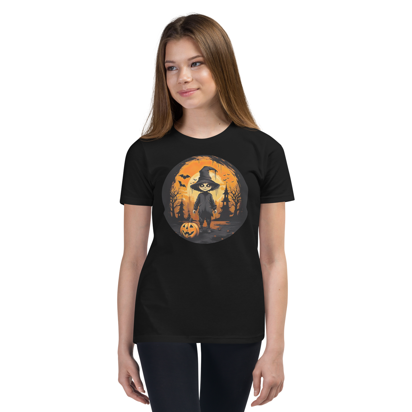 Halloween creepy Kid with Pumpkin. Youth Short Sleeve T-Shirt