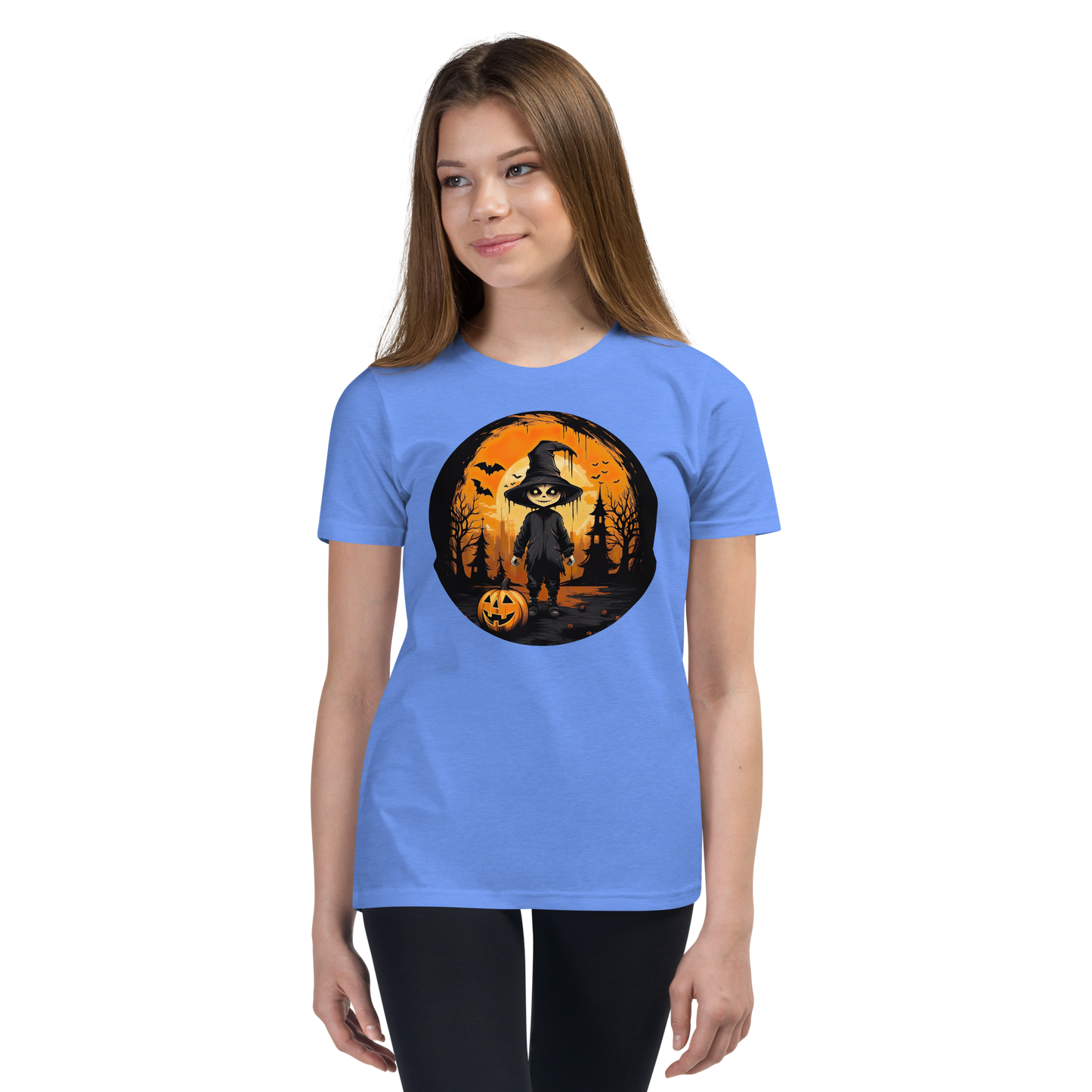 Halloween creepy Kid with Pumpkin. Youth Short Sleeve T-Shirt
