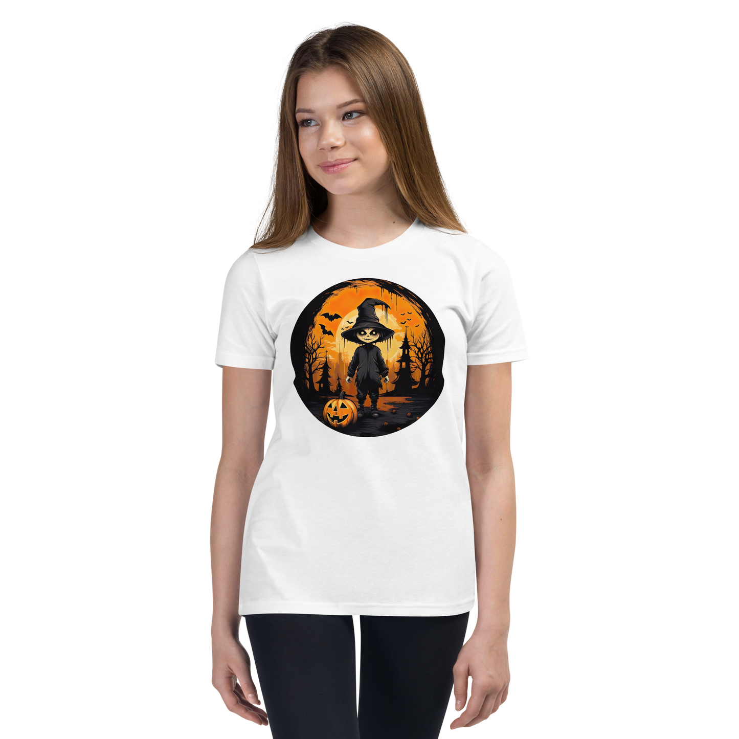 Halloween creepy Kid with Pumpkin. Youth Short Sleeve T-Shirt