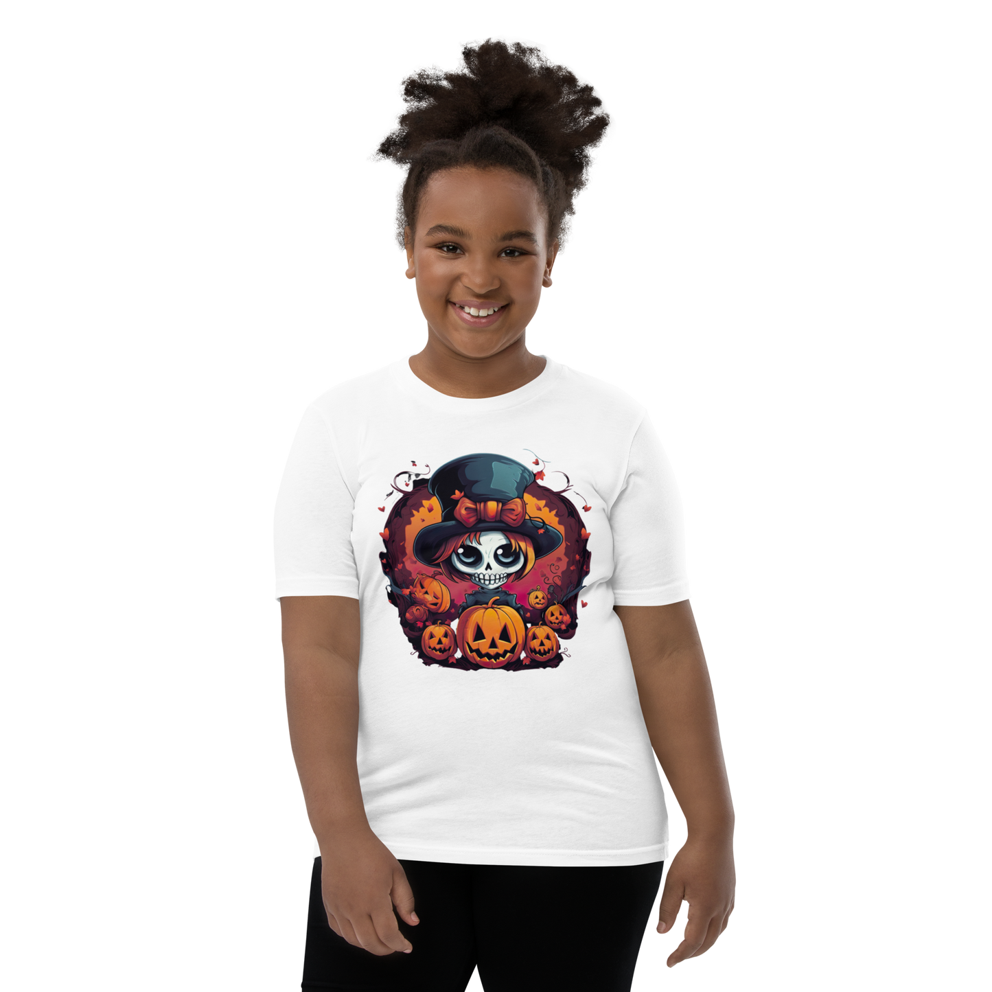 Halloween skull girl in top hat. Youth T-shirt
